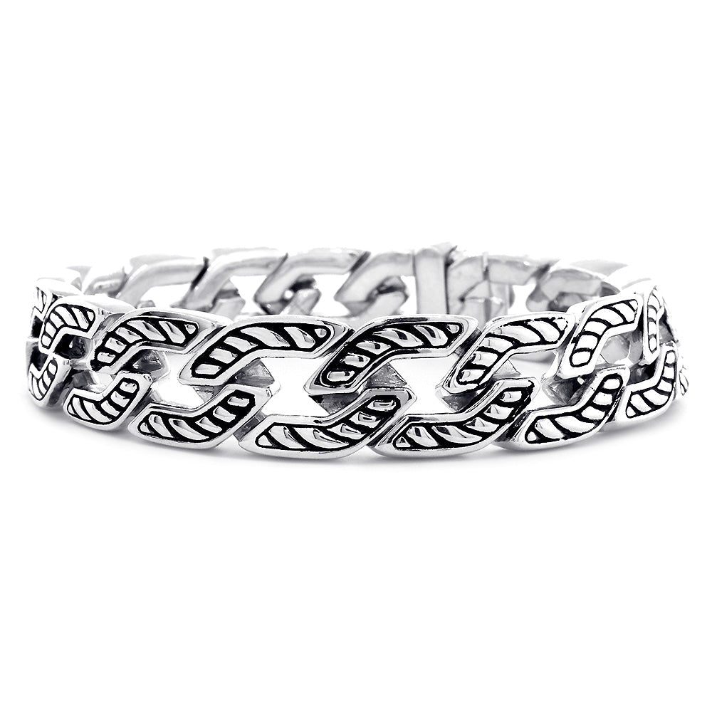 Mens Fancy Link with Nautical Detail Bracelet, 8 Inches in Sterling Silver