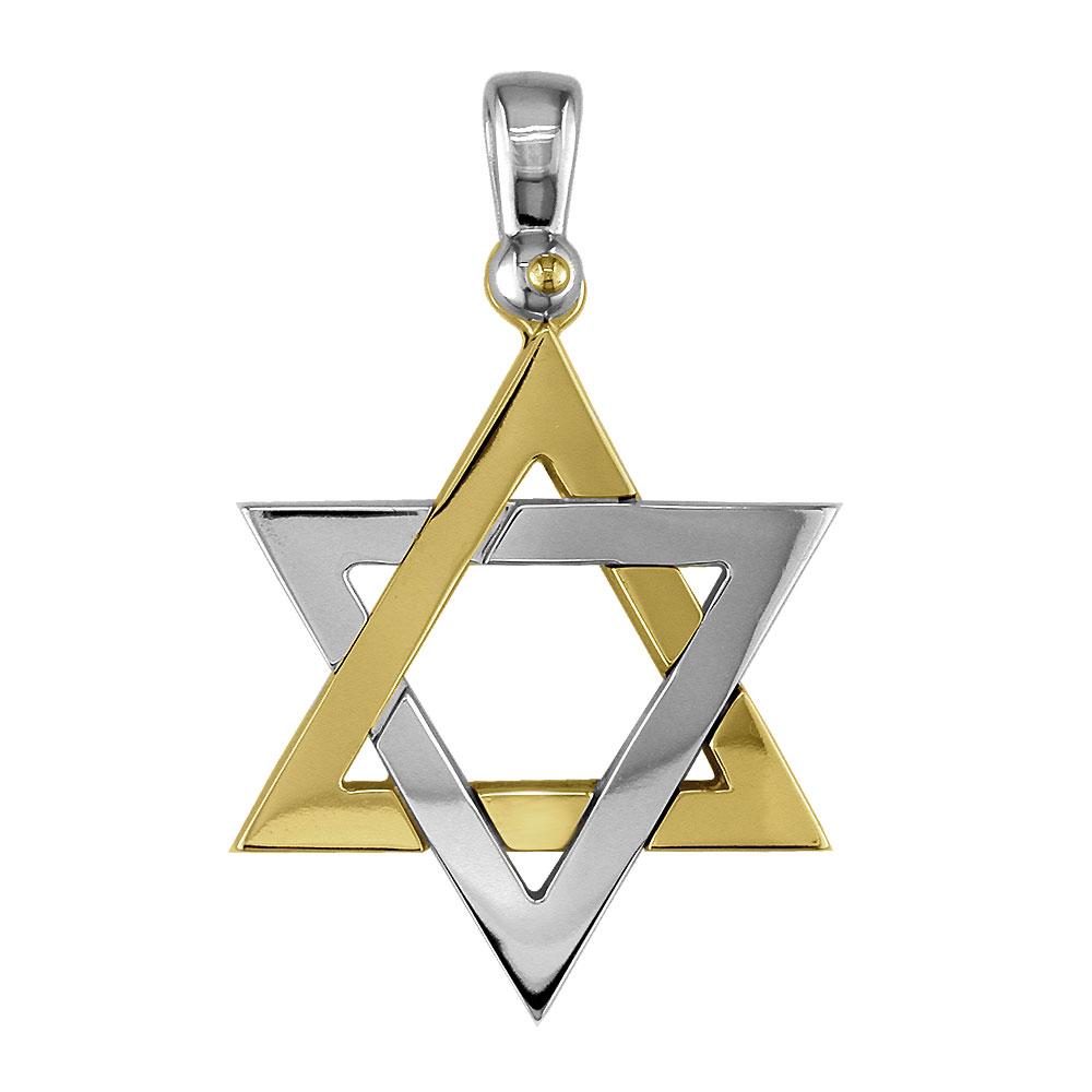 Mens Large Jewish Star of David Charm in 14K White and 14K Yellow Gold