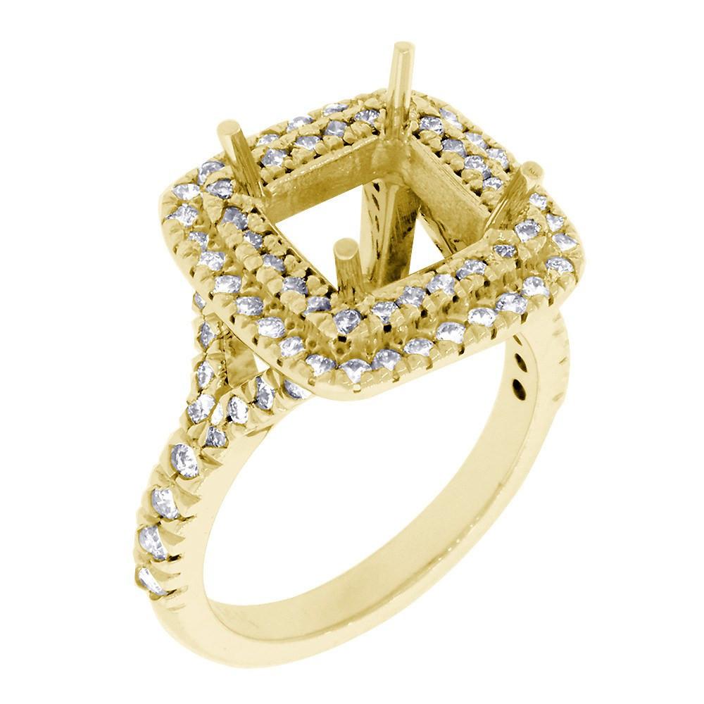 Halo Engagement Ring Setting for a Princess Cut Diamond, 0.75CT Sides in 14k Yellow Gold