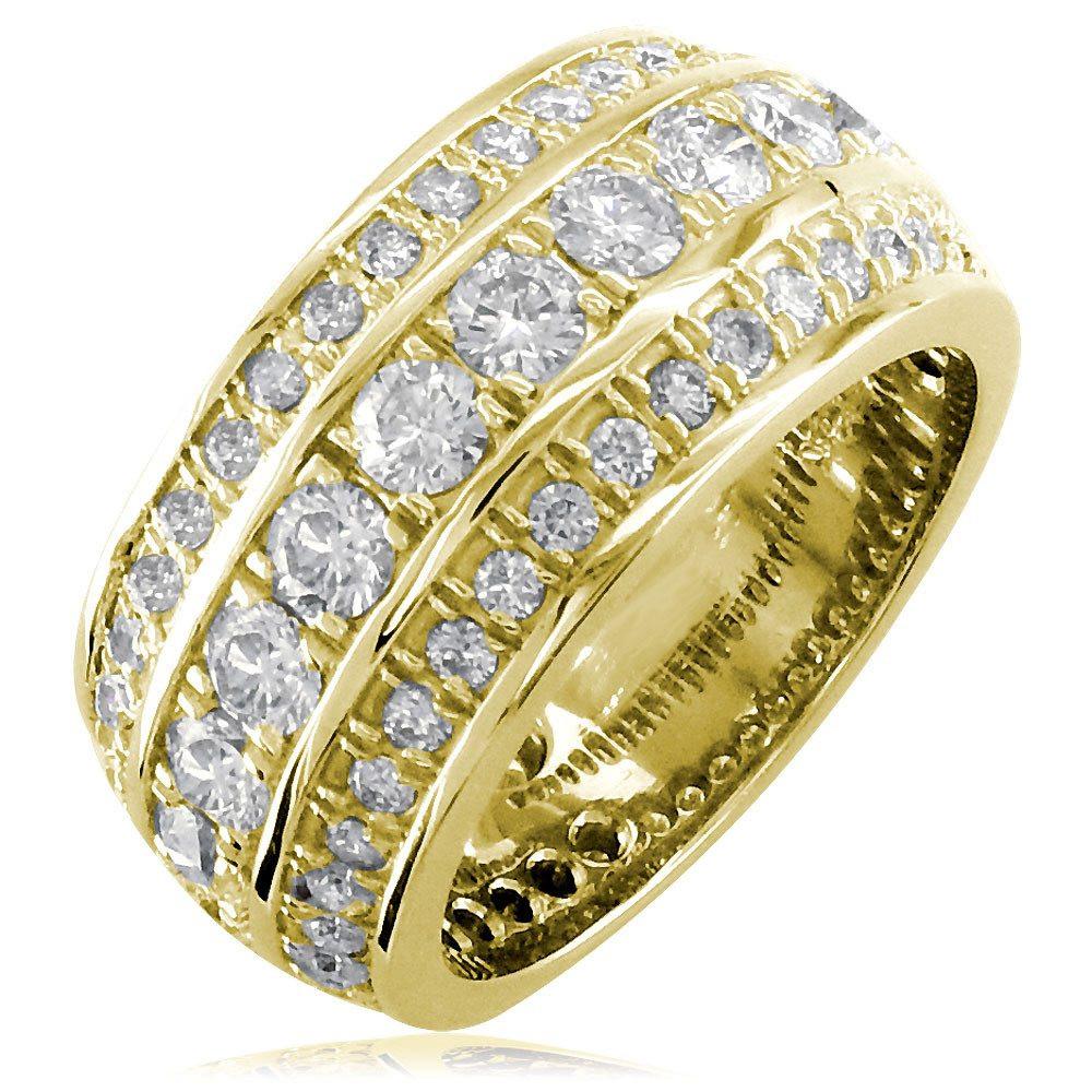 3 Row Mens Wide Diamond Wedding Band in 14k Yellow Gold