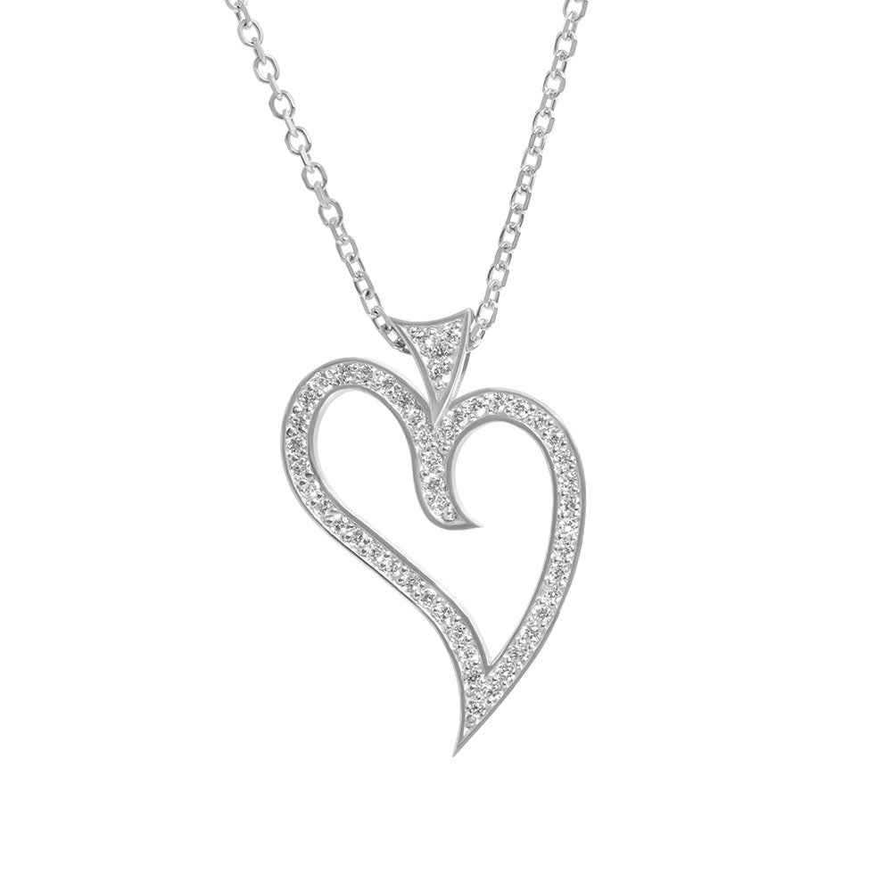 Open Heart Pendant - Charm , 14K White Gold & Diamonds