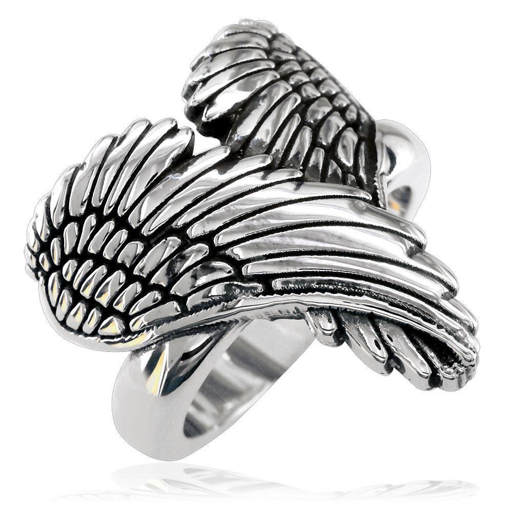 Large Vintage Silver Angel Wings Ring – Adjustable, Rhinestone Crystals, Sparkly Statement Jewelry