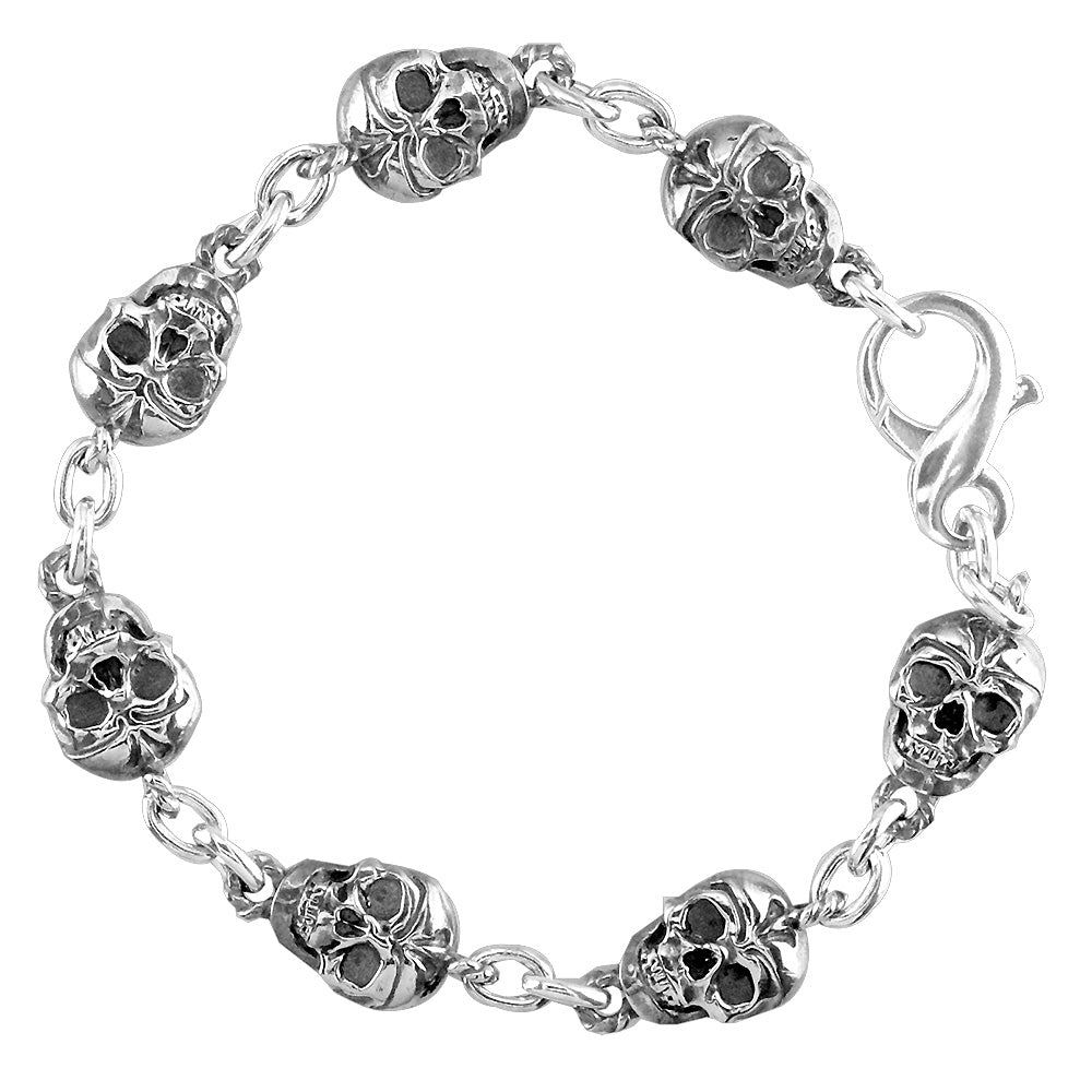 Mens Solid Skull Link Bracelet with Black in 14K White Gold