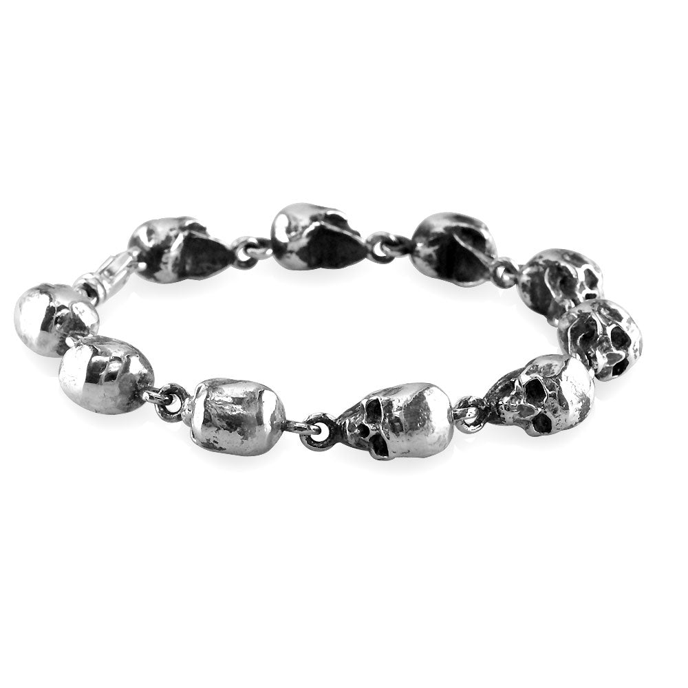 Mens Solid 3D Skull Link Bracelet with Black in 14K White Gold