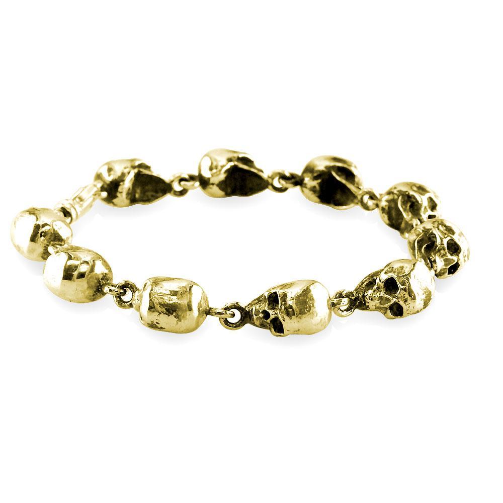 Mens Solid 3D Skull Link Bracelet with Black in 14K Yellow Gold