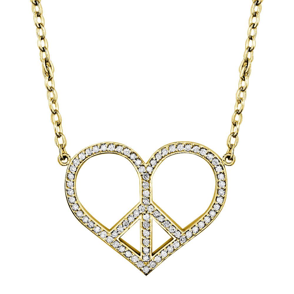 Large Diamond Heart Peace Sign Charm, 0.77CT, 1 1/4 Inch in 14K Yellow Gold