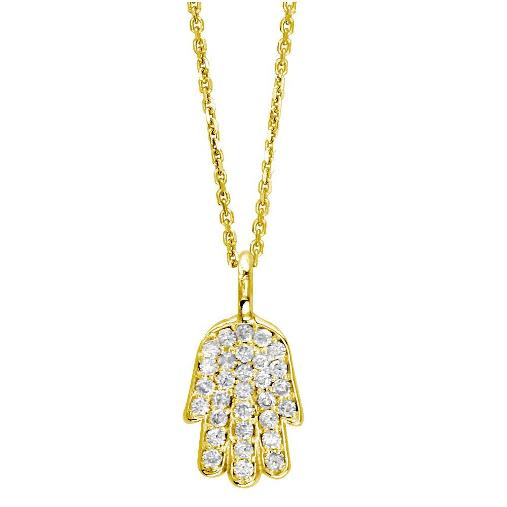 Mini Diamond Hamsa Version 2, Hand of God Charm and Chain, 0.15CT in 14K Yellow Gold