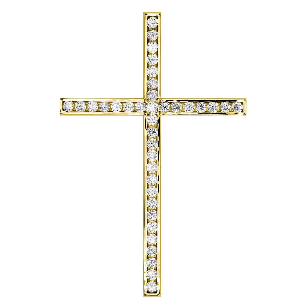 Huge Single Row Diamond Cross Pendant, 3.05CT in 14K Yellow Gold