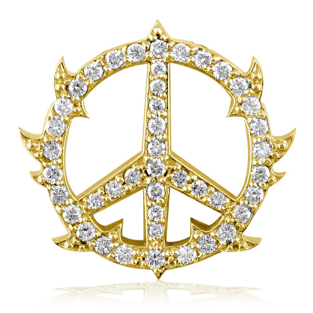 Medium Diamond Guarded Peace Sign Charm, 0.75CT, One Inch in 14K Yellow Gold