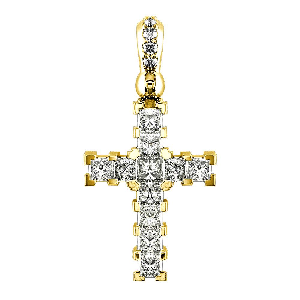 Diamond Cross Pendant with Princess Cuts, 1.60CT in 14K Yellow Gold