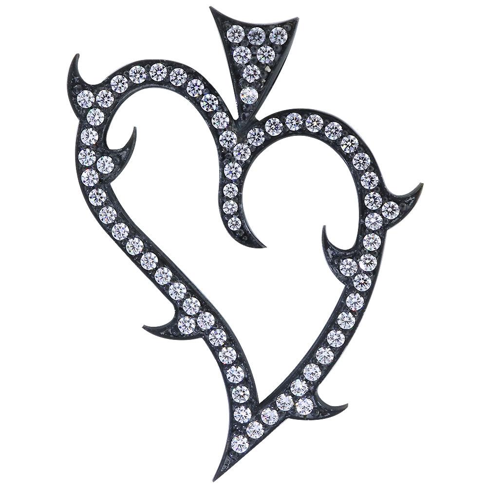 Couture Guarded Love Heart Pendant with Cubic Zirconias in Black Plated Sterling Silver