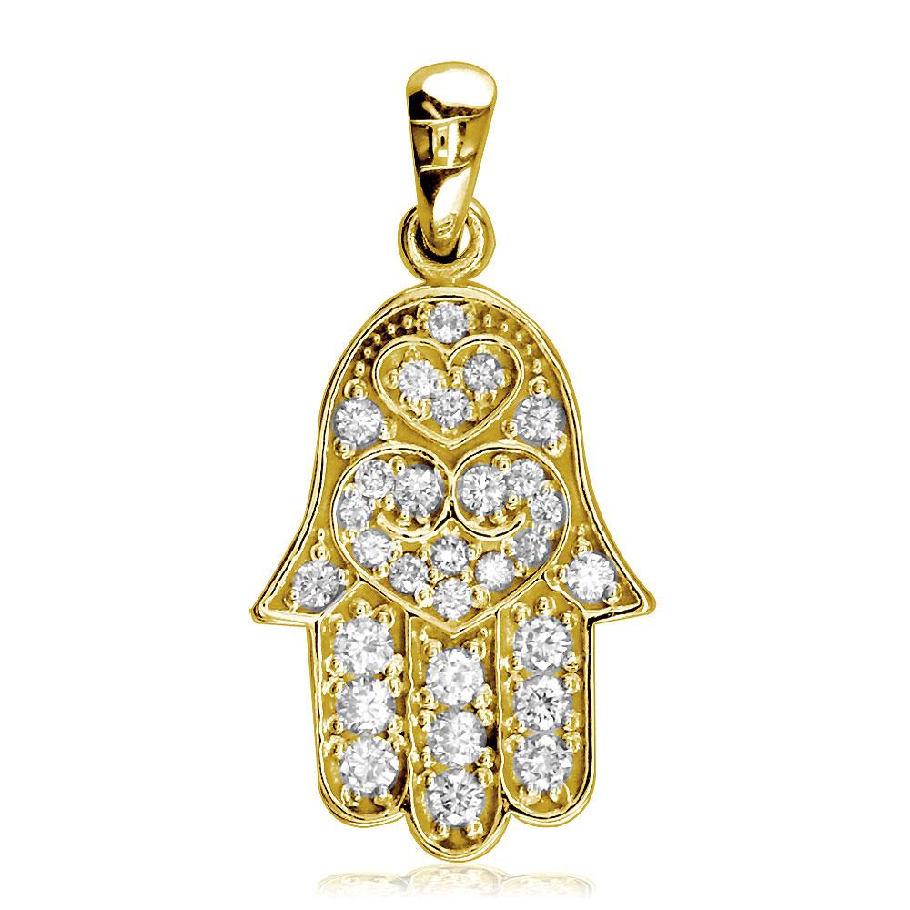 Medium Hamsa, Hand of God Charm set with Cubic Zirconias in 14K Yellow Gold