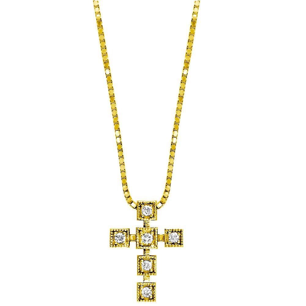Small Square Diamond Cross and Chain in 14K Yellow Gold,18"