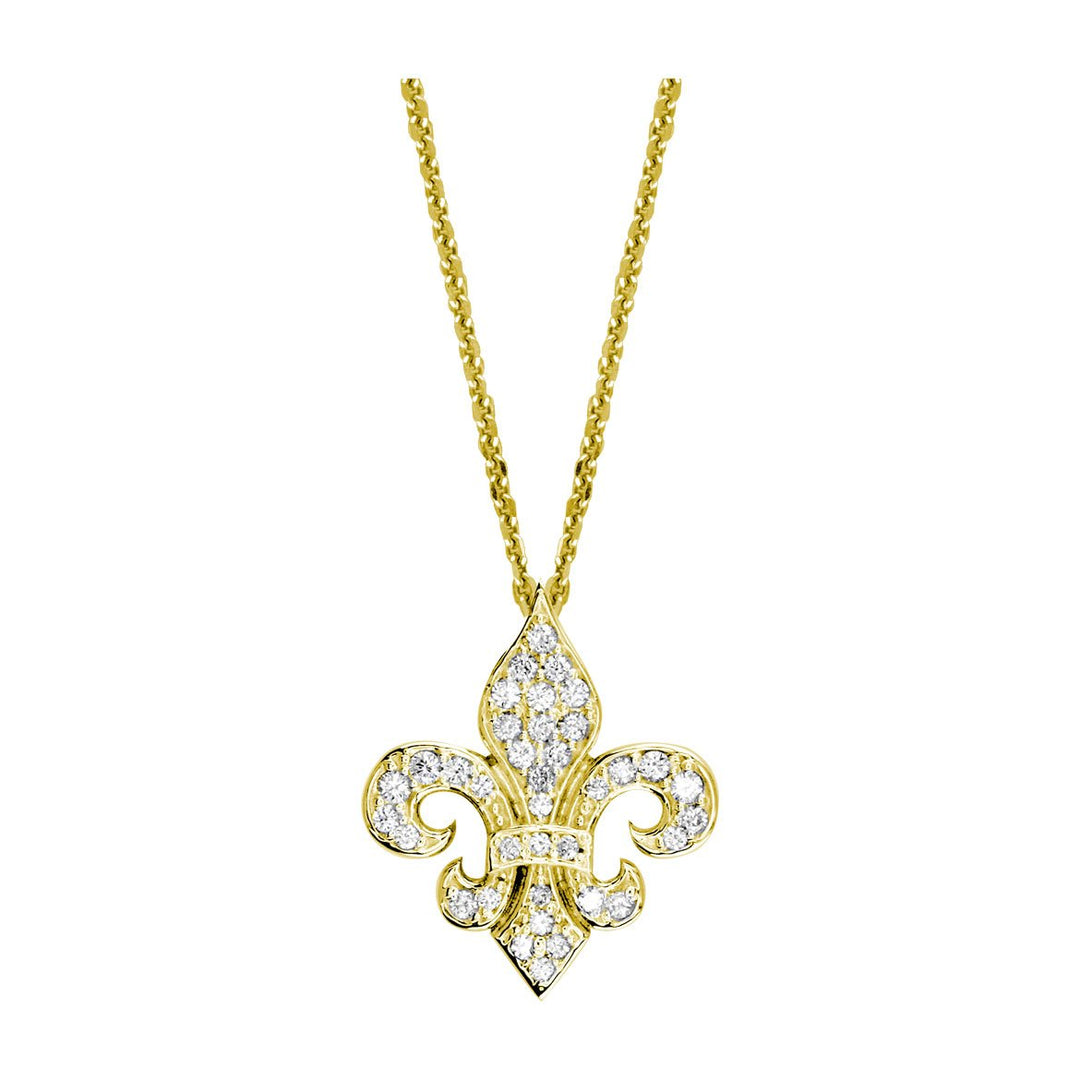 Small Diamond Fleur De Lis Pendant and Chain in 14K Yellow Gold