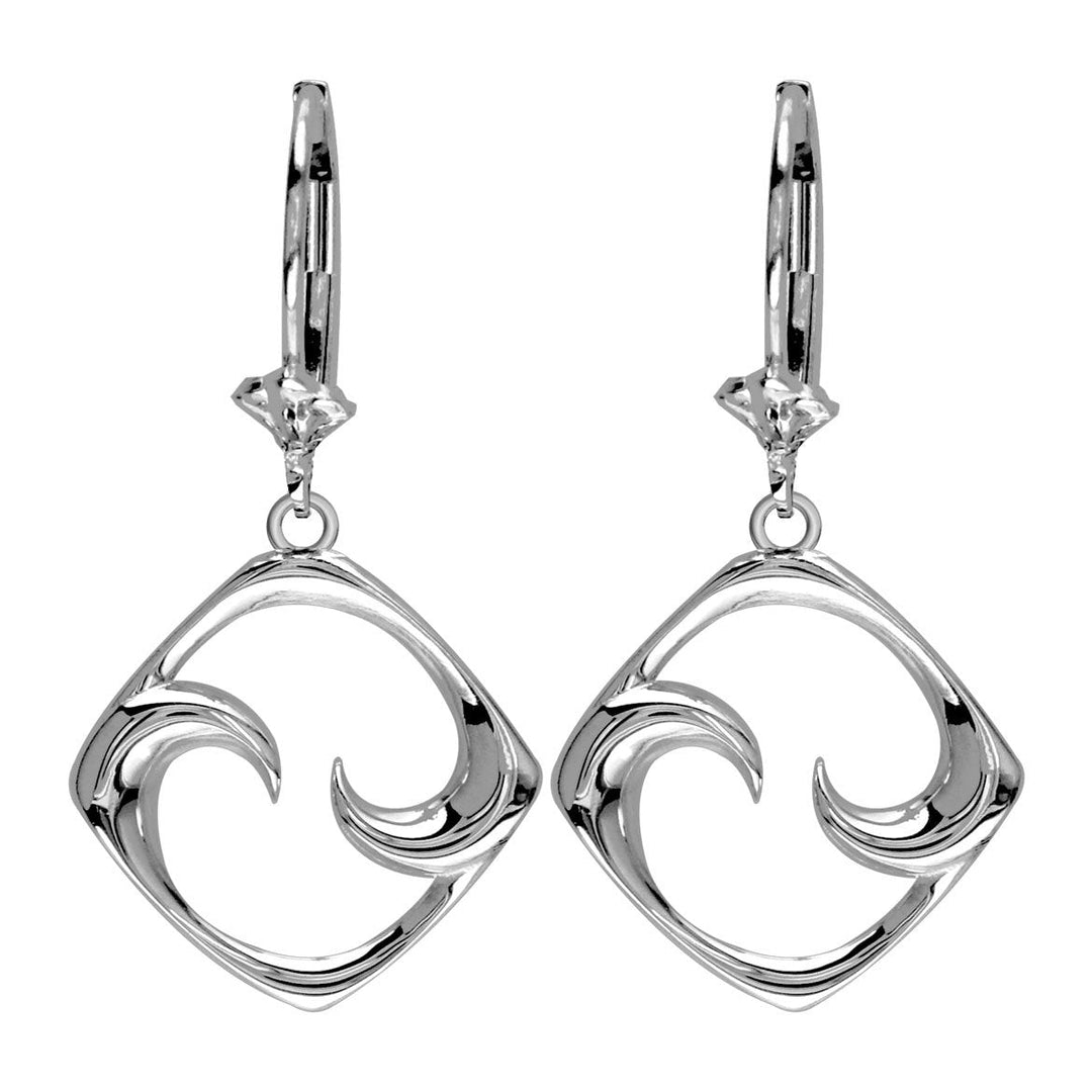 Small Diamond Shape Maori Koru New Beginning Earrings with Two Fernlings,14mm in 14K white gold