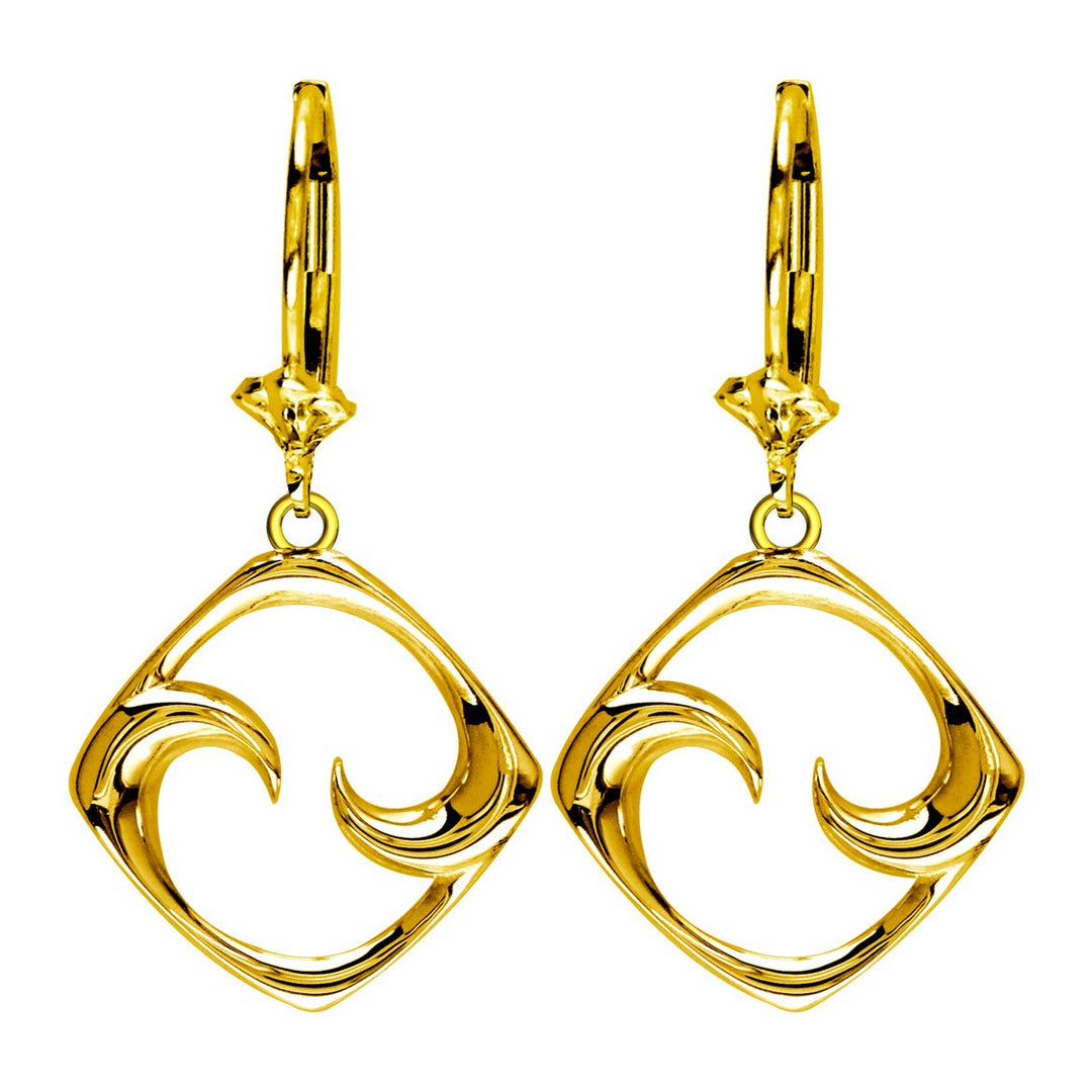 Small Diamond Shape Maori Koru New Beginning Earrings with Two Fernlings,14mm in 14K yellow gold