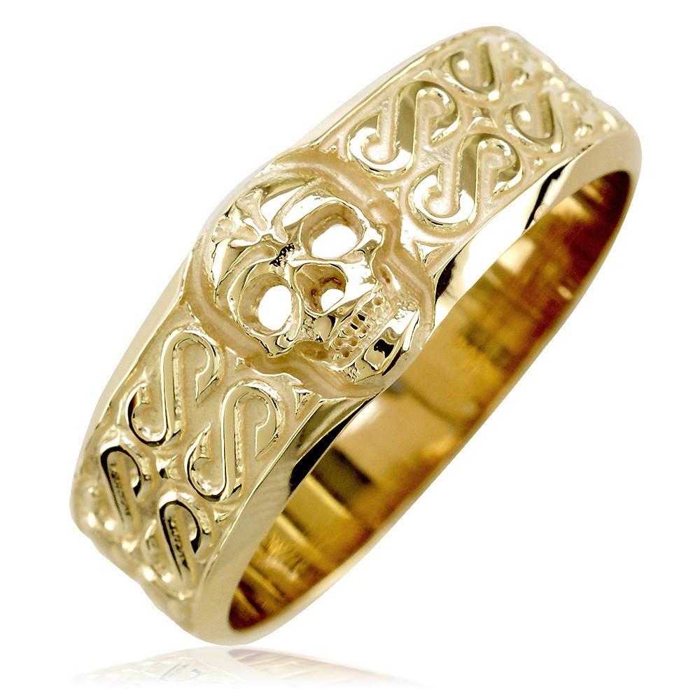 Mens Wide Skull Wedding Band, Ring with S Pattern in 14k Yellow
