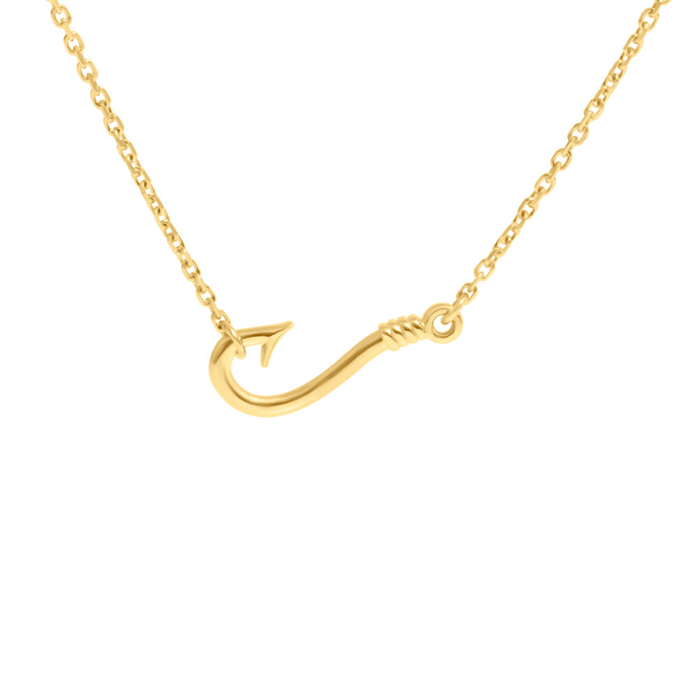 20mm Fishermans Barbed Hook and Knot Fishing Charm Necklace 17 Inches in 14k Yellow Gold