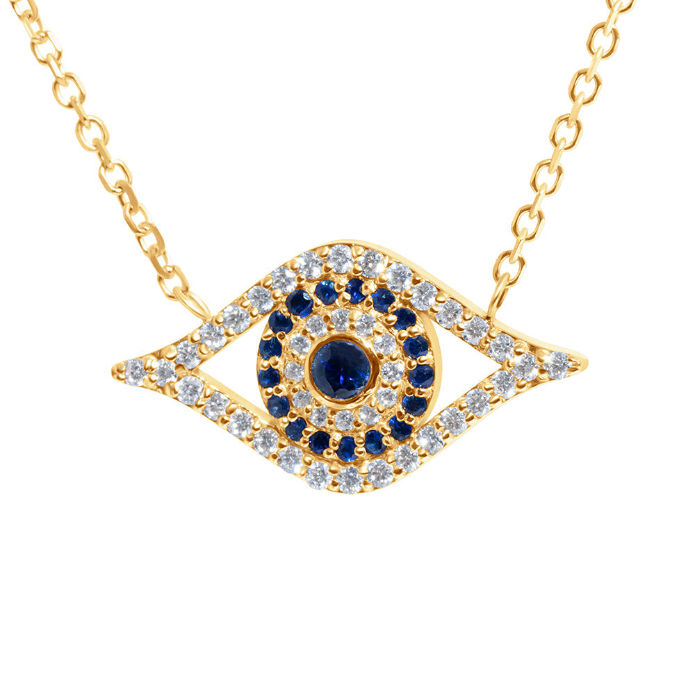 14K Yellow Gold Evil Eye Necklace With 0.30Ct Tw Blue Sapphires & 0.28Ct Tdw Diamonds