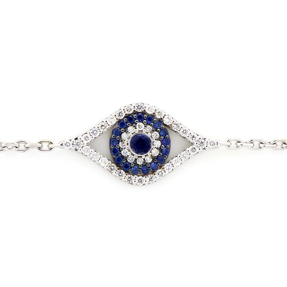 Diamond and Blue Sapphire Evil Eye Bracelet, 24mm Eye Width, 7 Inch in 14k White Gold