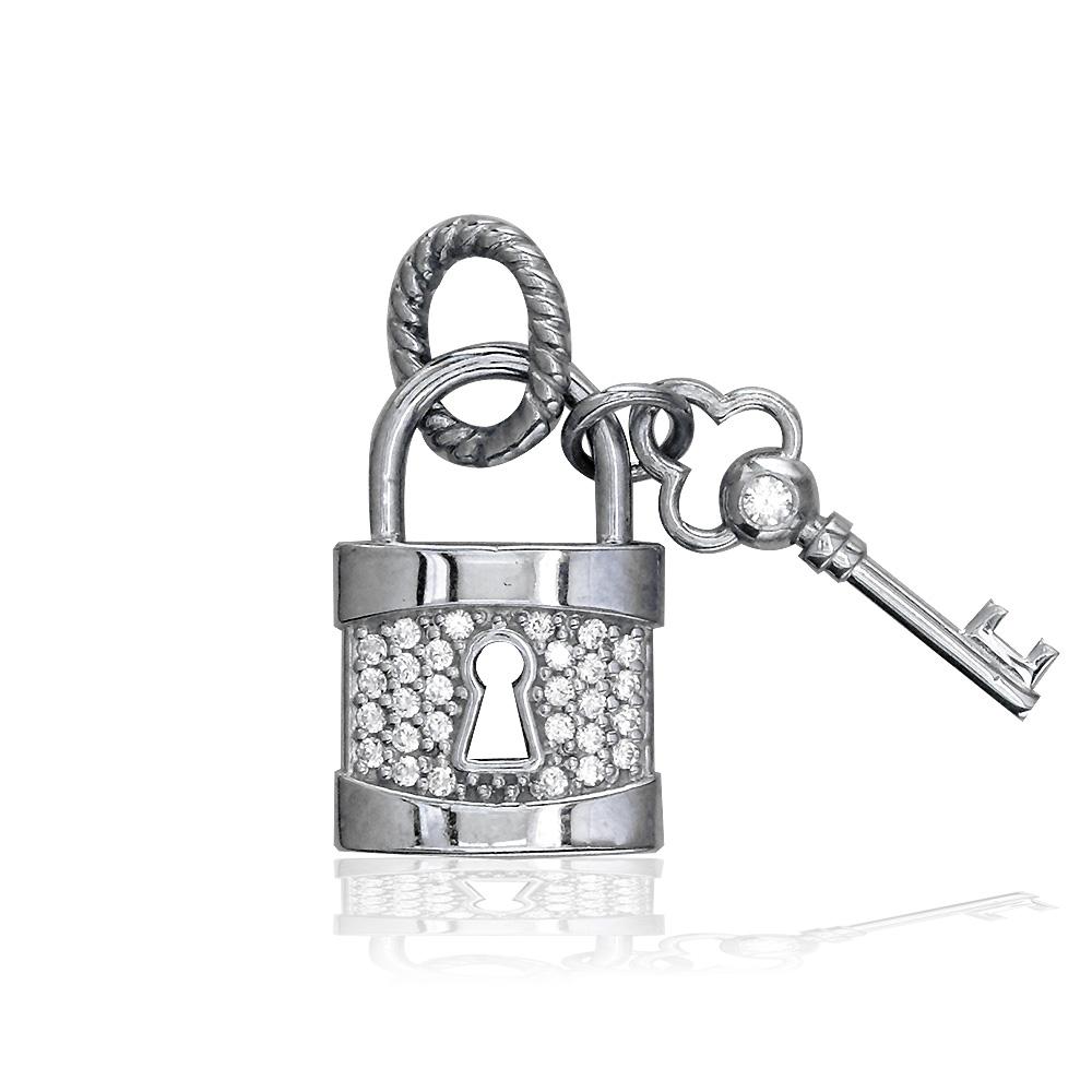 Lock and Key Charm, Hollow Lock with Cubic Zirconias in Sterling