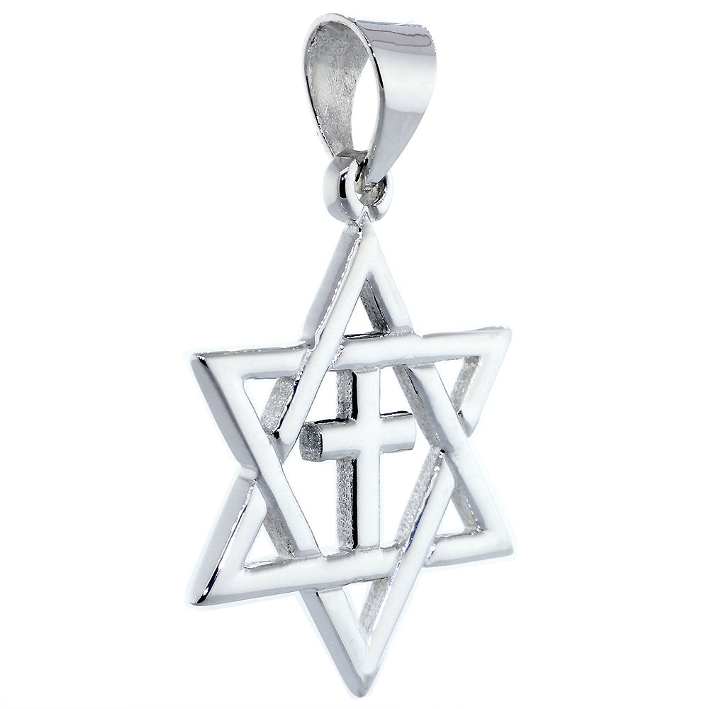 Large Messianic Star of David with Cross Charm in 14k White Gold
