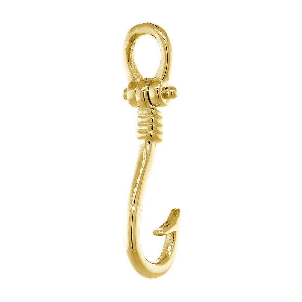 20mm Fishermans Barbed Hook and Knot Fishing Charm in 18k Yellow Gold
