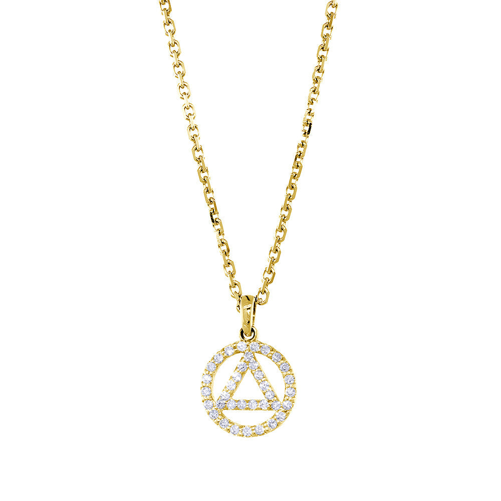 10mm Alcoholics Anonymous AA Sobriety Pendant and Chain, 0.20CT, 16 Inches in 14k Yellow Gold
