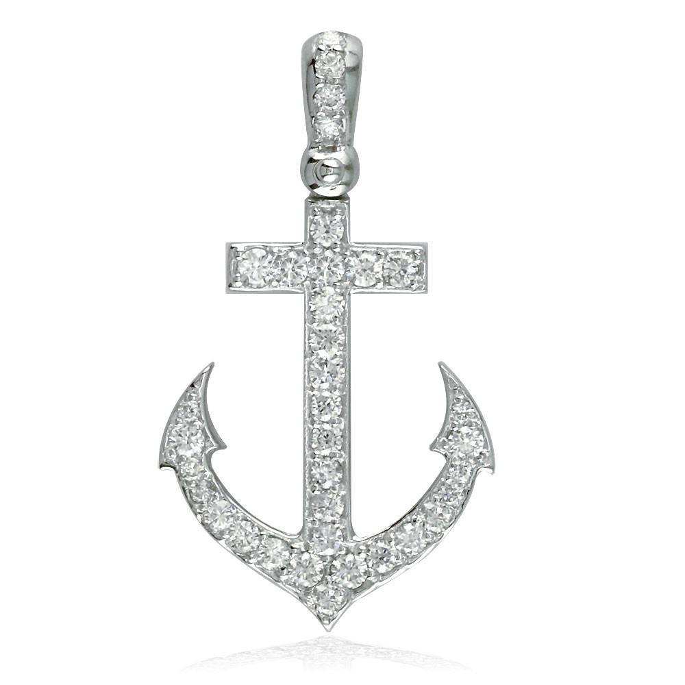 14K White Gold Diamond Anchor Pendant, 0.80CT