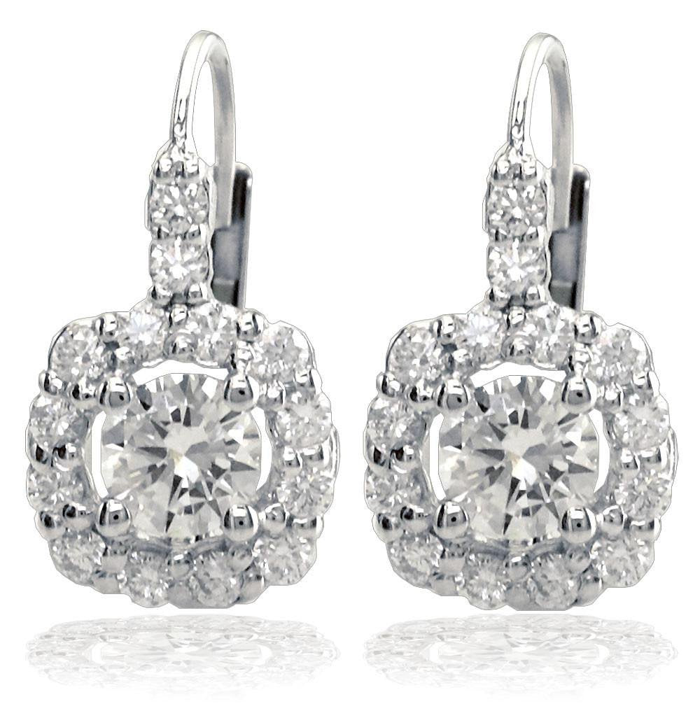 14K White Gold Round Diamond Earrings with Diamond Cushion Halos