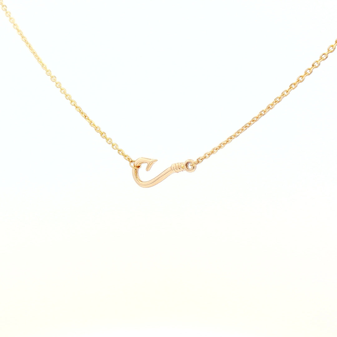 12mm Fishermans Barbed Hook and Knot Fishing Charm Necklace 16.5 Inches in 14k Yellow Gold