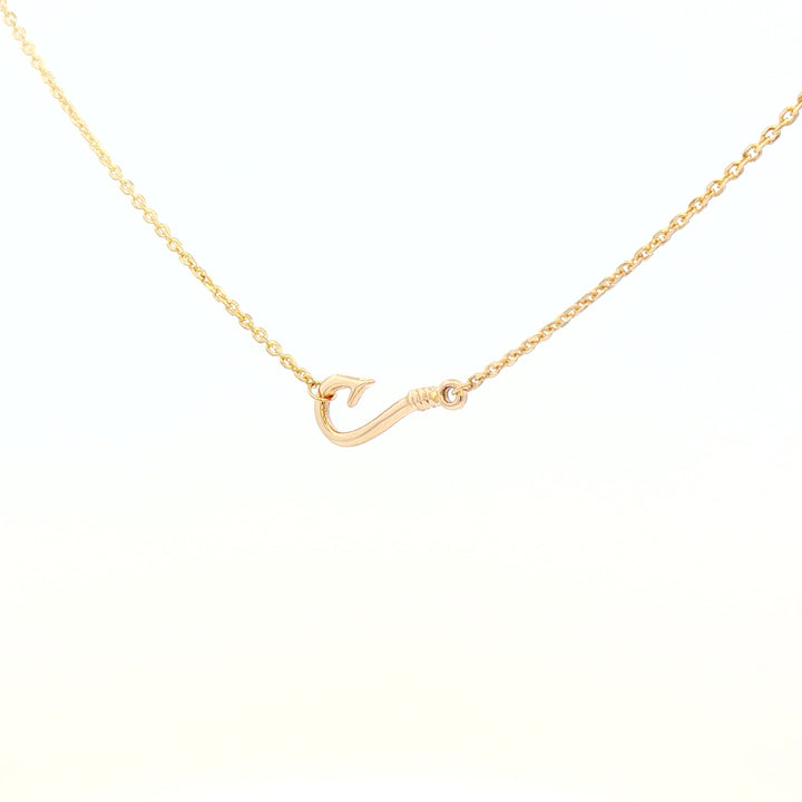 12mm Fishermans Barbed Hook and Knot Fishing Charm Necklace 16.5 Inches in 14k Yellow Gold