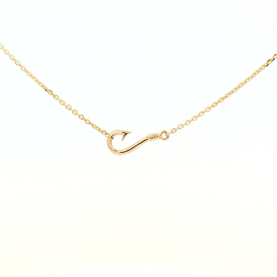 12mm Fishermans Barbed Hook and Knot Fishing Charm Necklace 16.5 Inches in 14k Yellow Gold