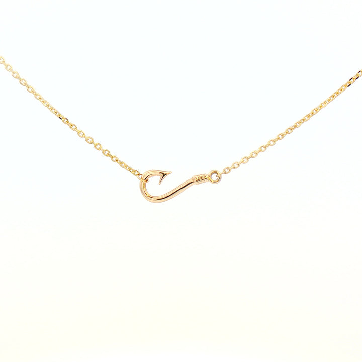12mm Fishermans Barbed Hook and Knot Fishing Charm Necklace 16.5 Inches in 14k Yellow Gold