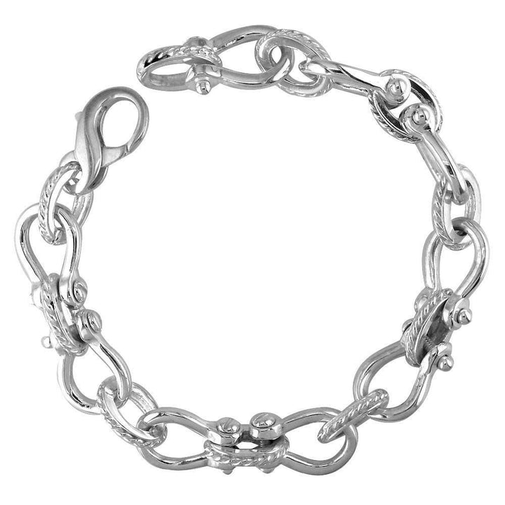 Mens Shackle and Rope Links Bracelet in Sterling Silver