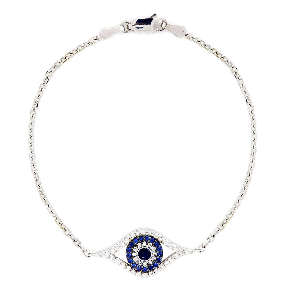 14K White Gold Evil Eye Bracelet With 0.30Ct Tw Blue Sapphires & 0.28Ct Tdw Diamonds