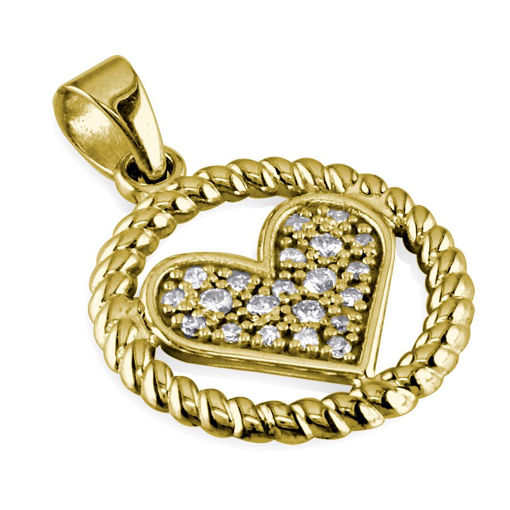 Diamond Heart and Rope Circle Pendant in 14K Yellow Gold