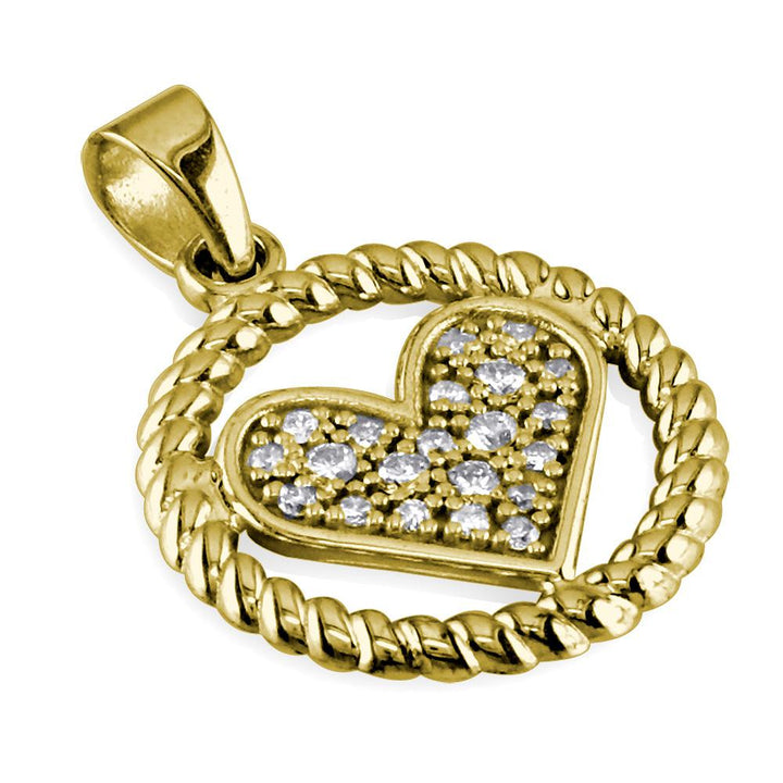 Diamond Heart and Rope Circle Pendant in 14K Yellow Gold