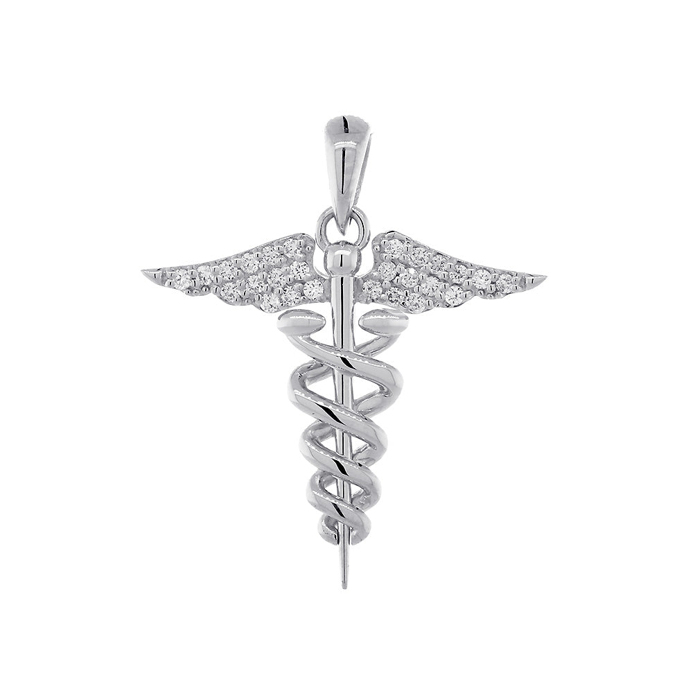 20mm Diamond Caduceus, 0.13CT, Karykeion, Staff of Hermes, Mercury Medical Charm in 14K White Gold