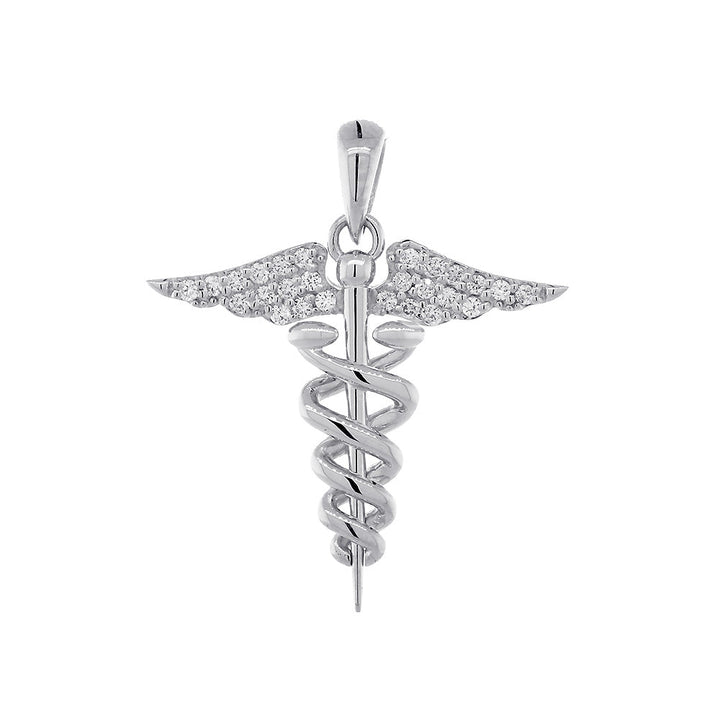 20mm Diamond Caduceus, 0.13CT, Karykeion, Staff of Hermes, Mercury Medical Charm in 14K White Gold