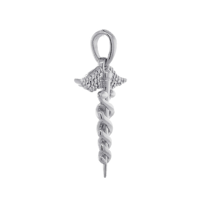 20mm Diamond Caduceus, 0.13CT, Karykeion, Staff of Hermes, Mercury Medical Charm in 14K White Gold