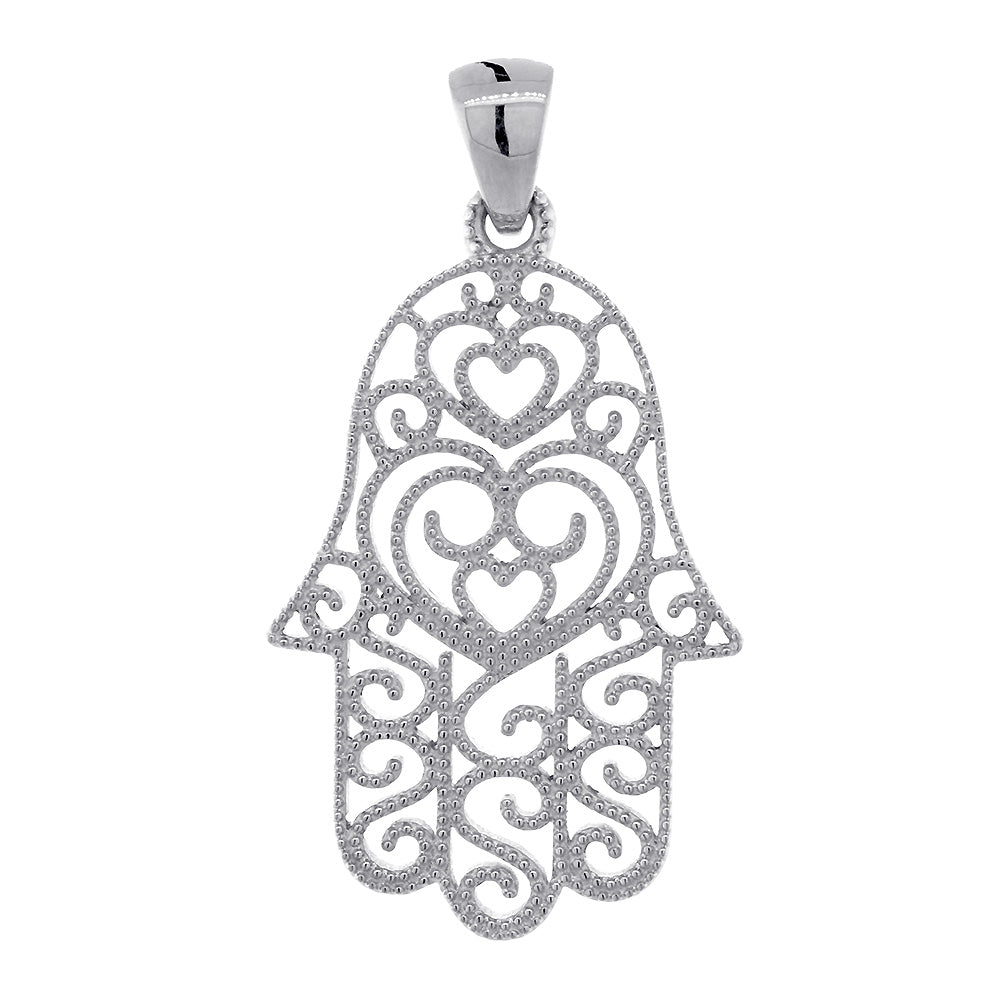 30mm Vintage Hearts Hamsa, Hand of God Charm in 14K White Gold