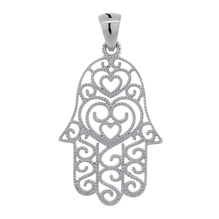 30mm Vintage Hearts Hamsa, Hand of God Charm in 14K White Gold