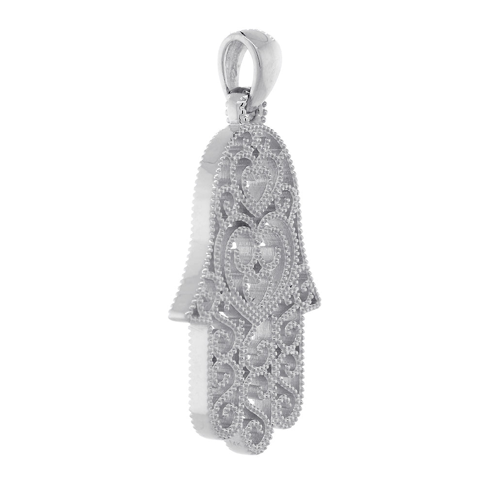 30mm Vintage Hearts Hamsa, Hand of God Charm in 14K White Gold