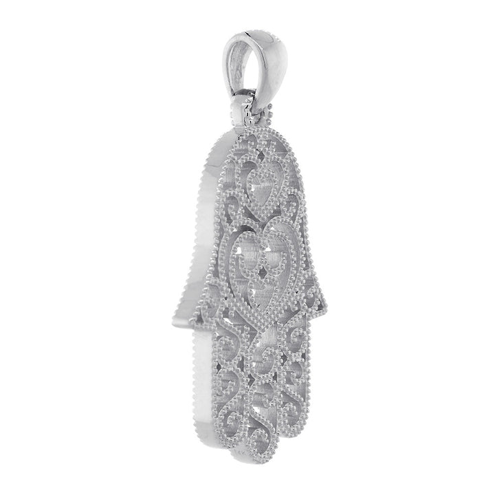 30mm Vintage Hearts Hamsa, Hand of God Charm in 14K White Gold