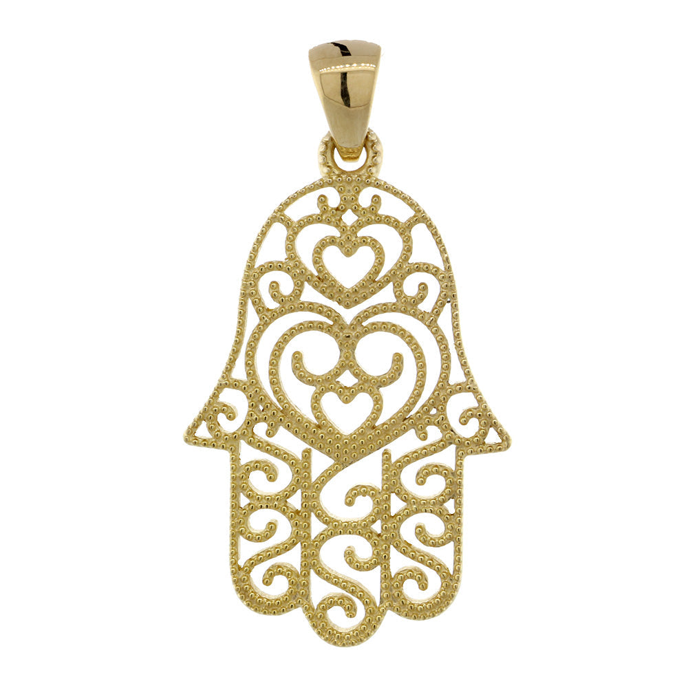 30mm Vintage Hearts Hamsa, Hand of God Charm in 14K Yellow Gold