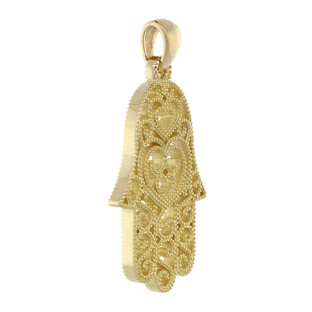30mm Vintage Hearts Hamsa, Hand of God Charm in 14K Yellow Gold