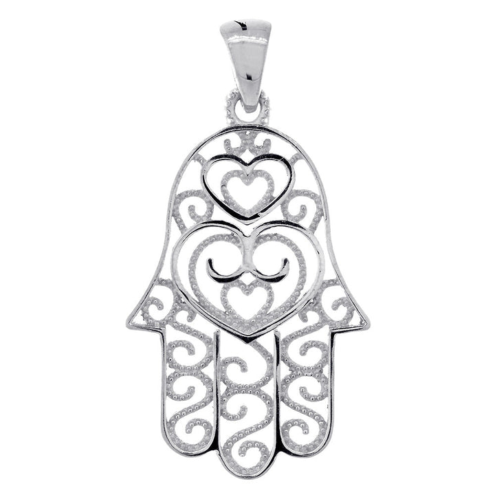 30mm Double-sided Vintage Hearts Hamsa, Hand of God Charm, 2 Levels in 14K White Gold