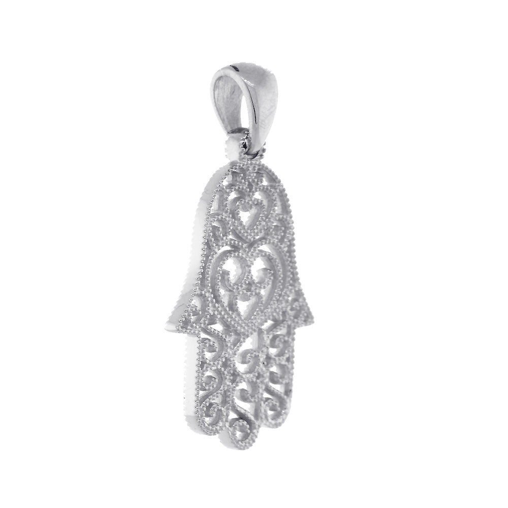 24mm Vintage Hearts Hamsa, Hand of God Charm in 14K White Gold