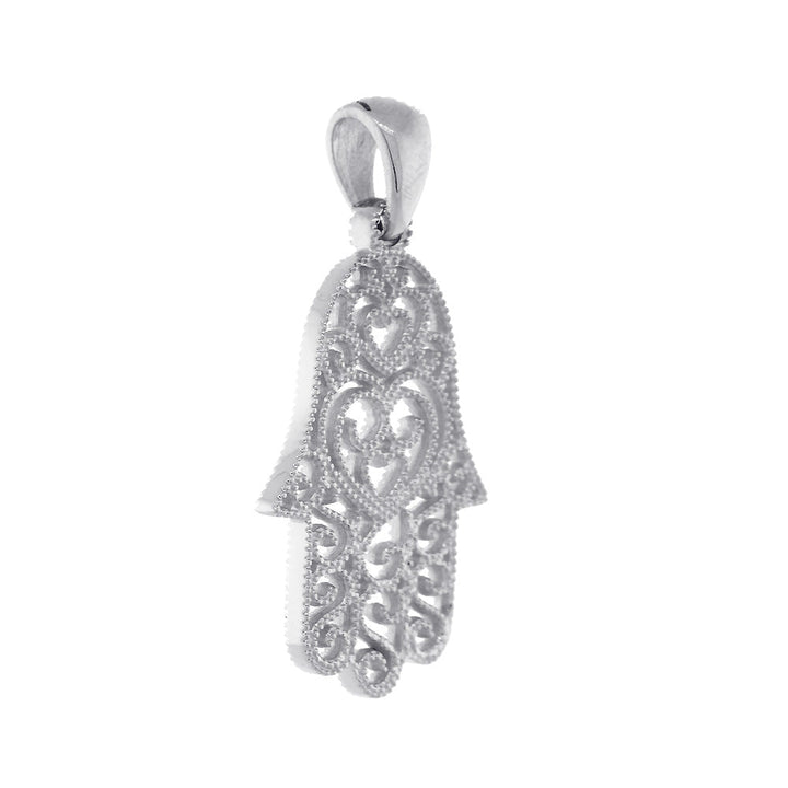24mm Vintage Hearts Hamsa, Hand of God Charm in 14K White Gold